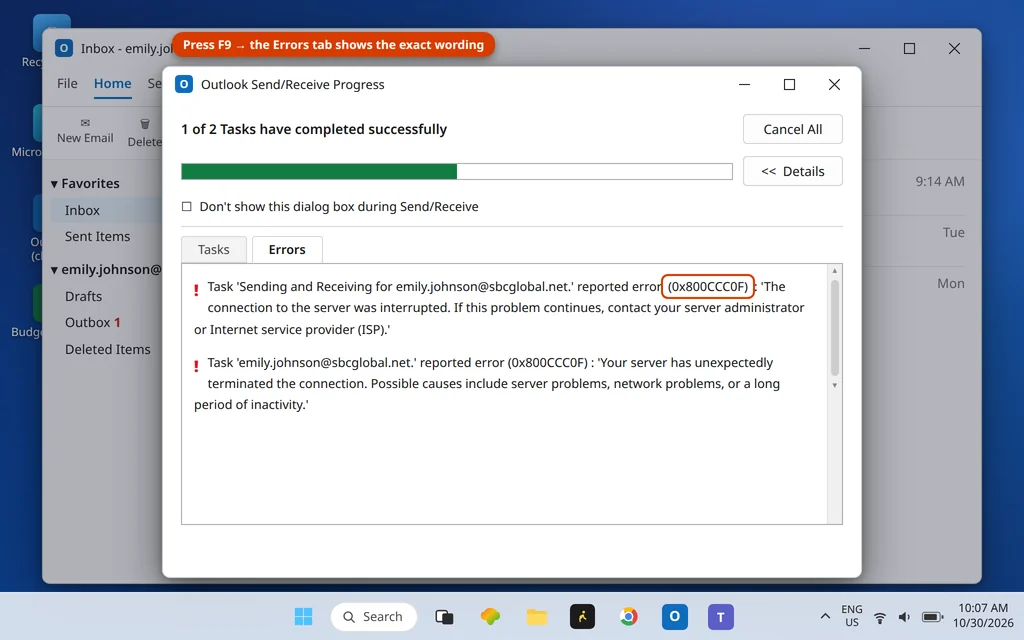 Outlook Send/Receive Progress dialog showing error 0x800CCC0F the connection to the server was interrupted