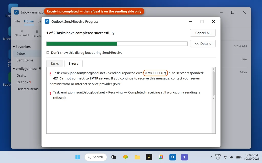 Outlook Send/Receive Progress dialog showing reported error 0x800CCC67 the server responded 421