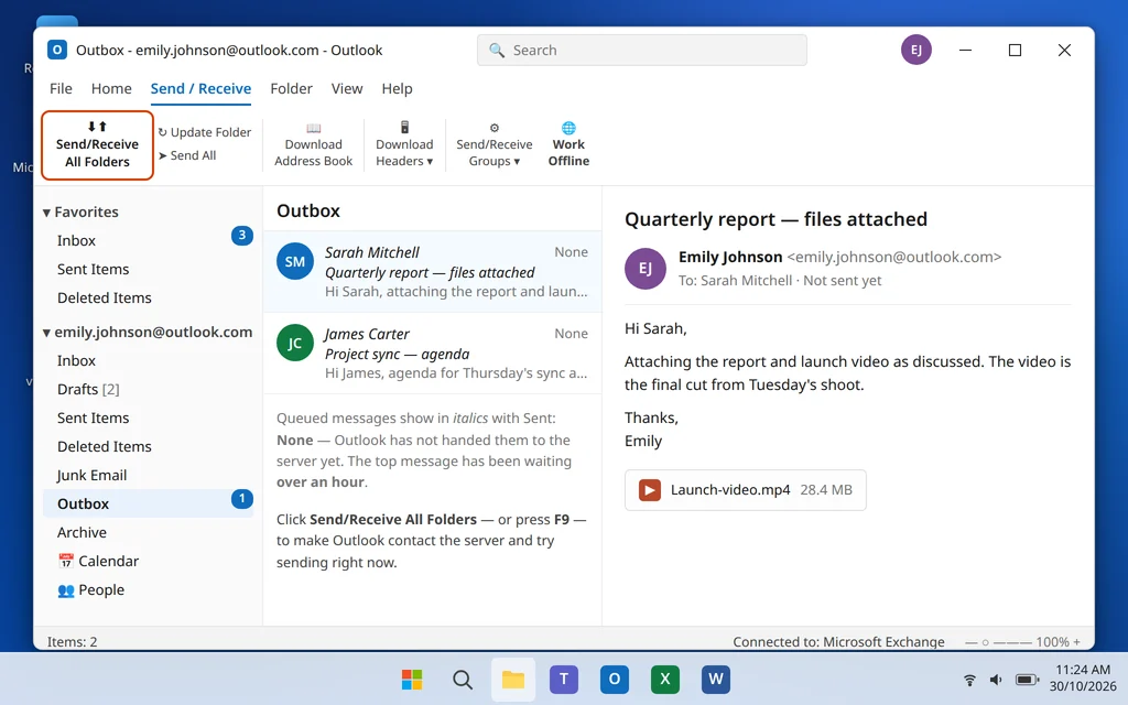 Send Receive tab in Outlook with Send Receive All Folders highlighted