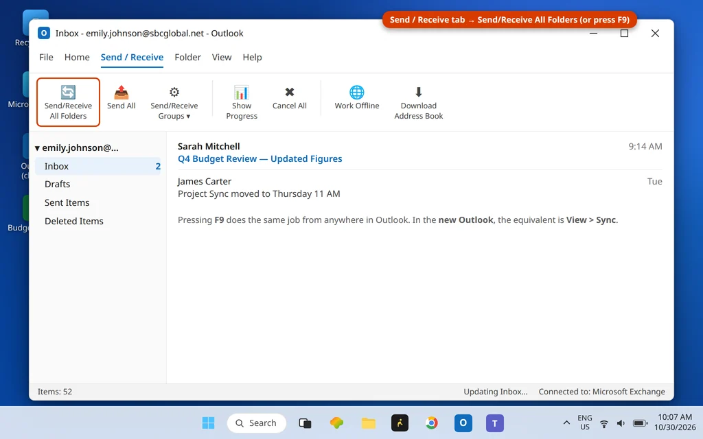Outlook Send Receive tab with Send Receive All Folders highlighted and a completed send task