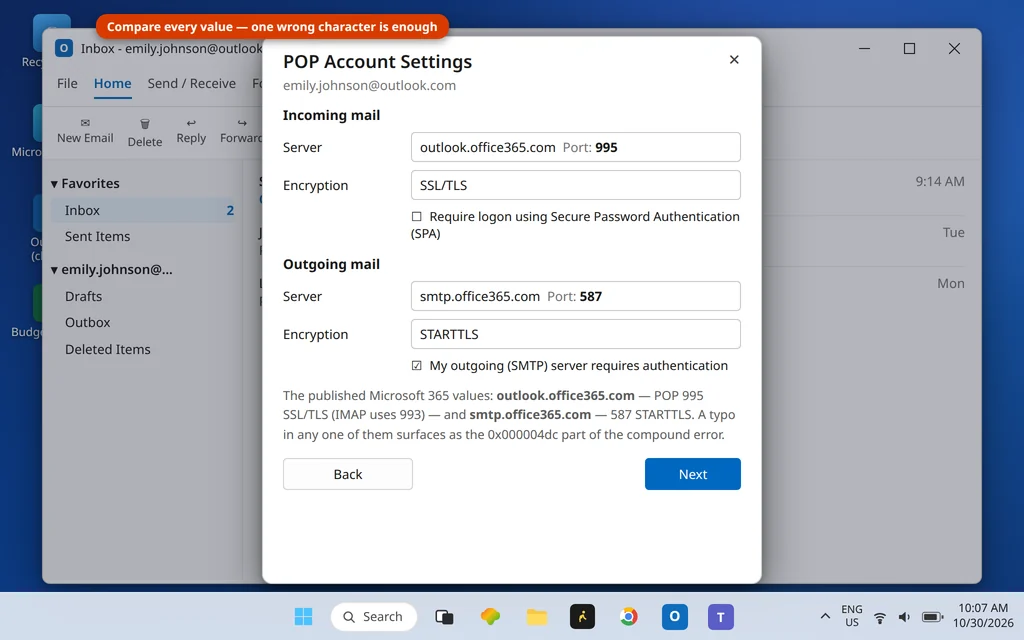 Outlook Server Settings showing Microsoft 365 values outlook.office365.com 995 and smtp.office365.com 587 STARTTLS