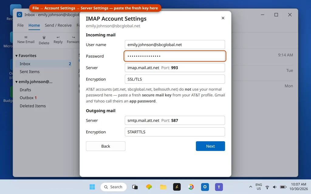 IMAP Account Settings in Outlook with the password field highlighted for a fresh AT&T secure mail key