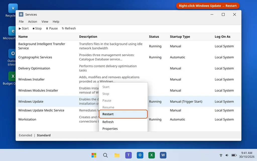 Windows Update service highlighted in the Services console with the Restart option