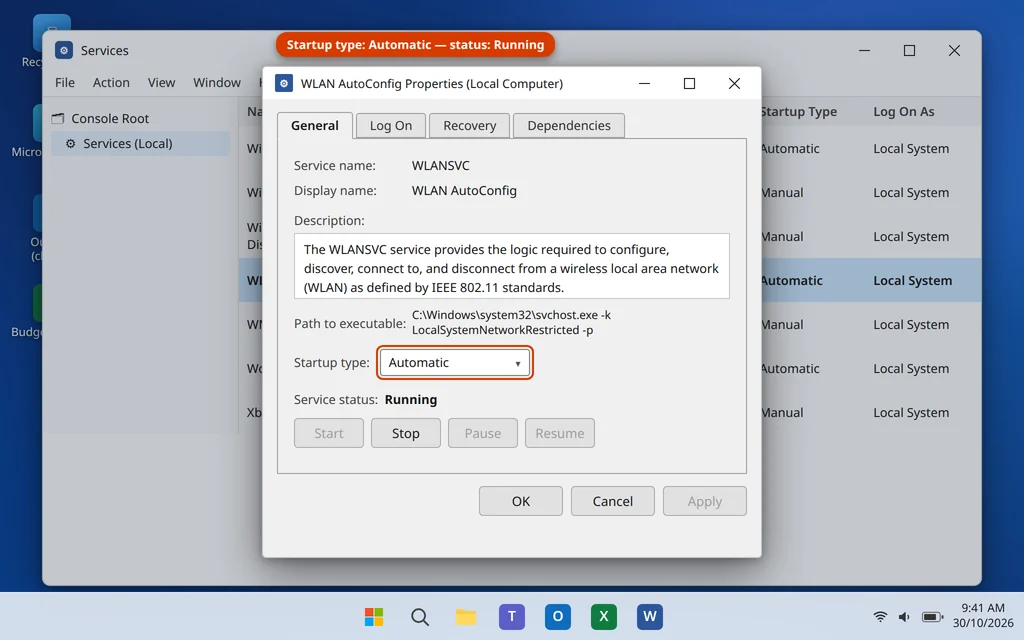 WLAN AutoConfig service properties in services.msc set to Automatic and running