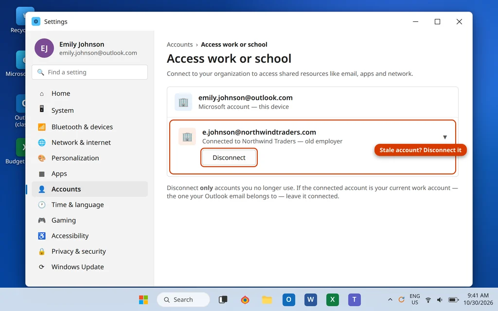 Windows Settings Access work or school page showing a connected work account that can be disconnected