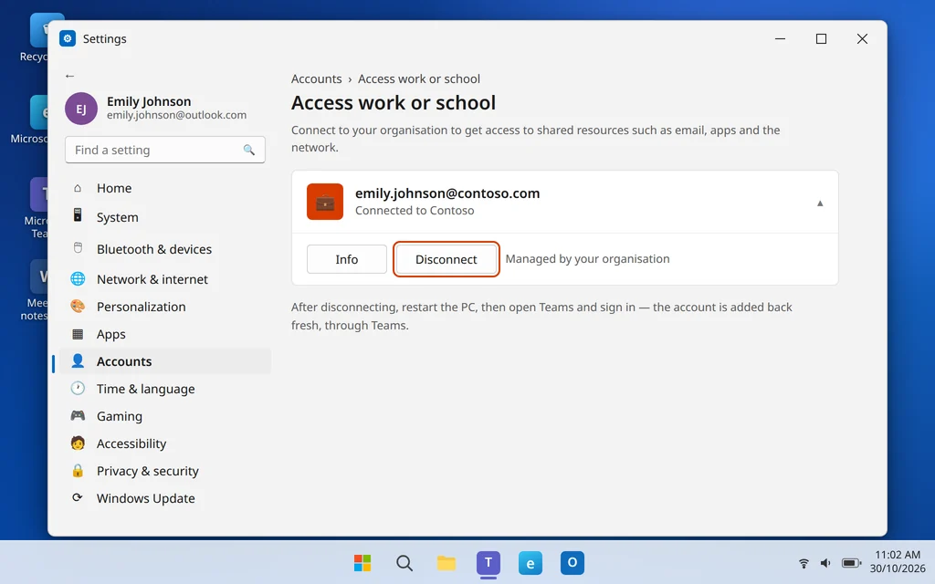 Access work or school account in Windows Settings Accounts with Disconnect highlighted