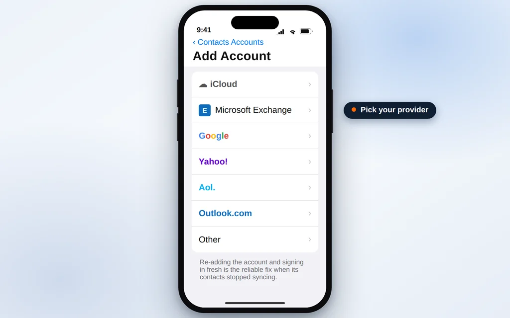 Add Account screen on iPhone listing iCloud, Microsoft Exchange, Google and Outlook.com providers