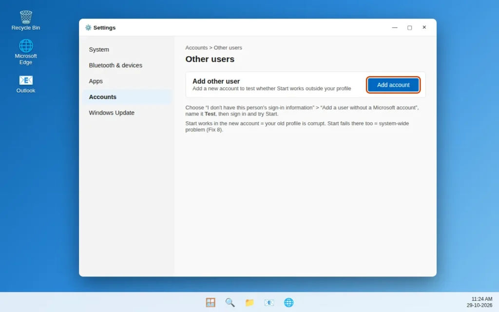 Add a new user account in Windows 11 Settings Accounts Other users