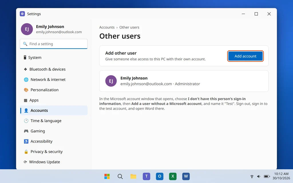 Add a new user account in Windows 11 Settings Accounts Other users to test Word