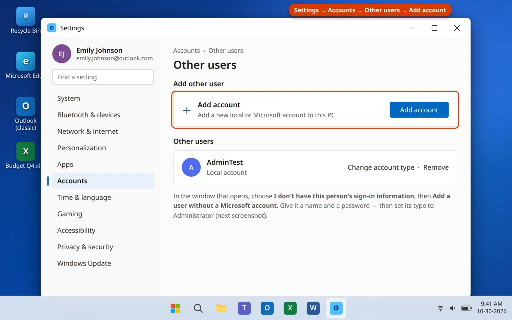 Adding a new user account under Other users in Windows 11 account settings