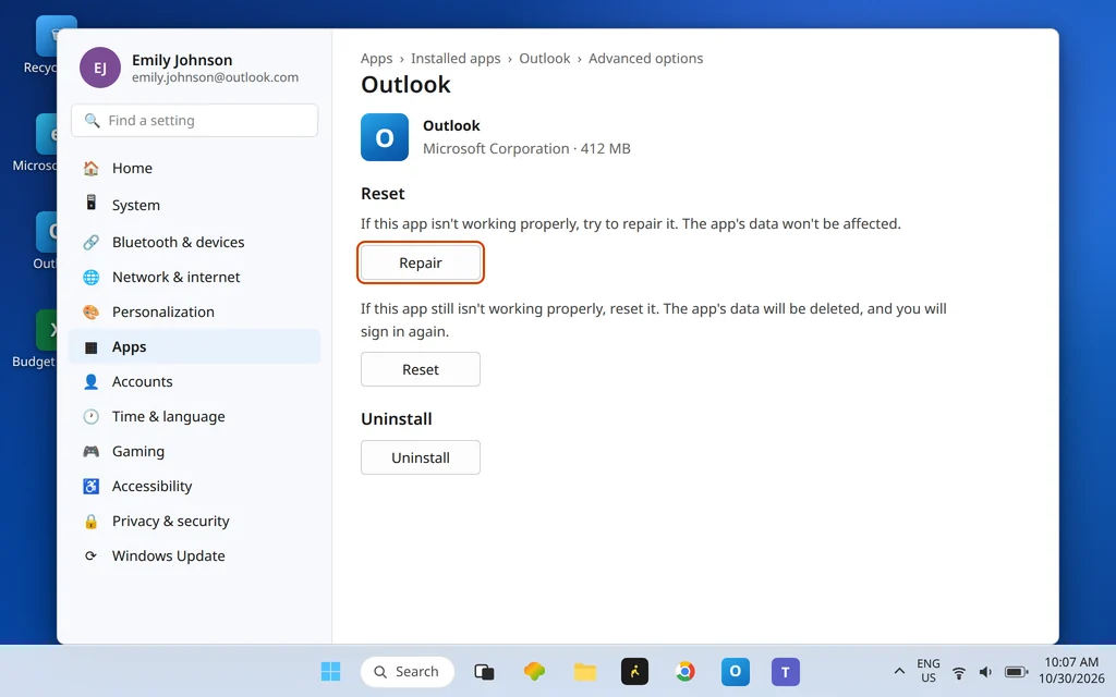 Windows Settings Advanced options for the Outlook app showing Repair and Reset