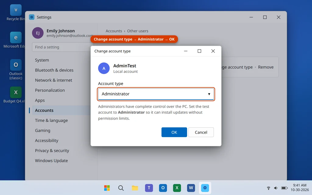 Changing the new account's type to Administrator in Windows 11 account settings