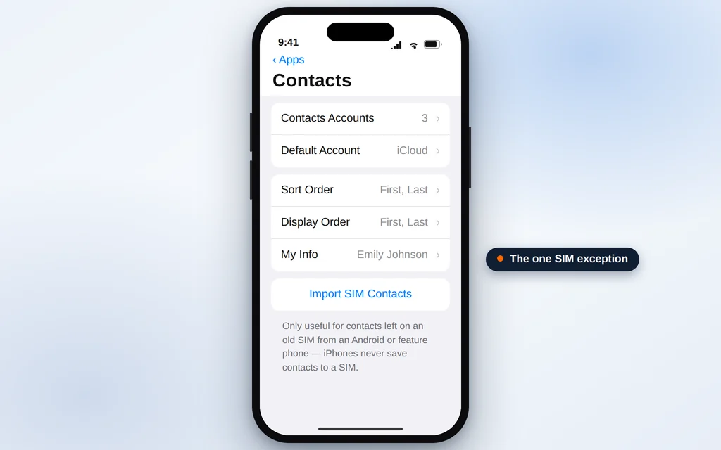 Contacts settings on iPhone with Import SIM Contacts highlighted