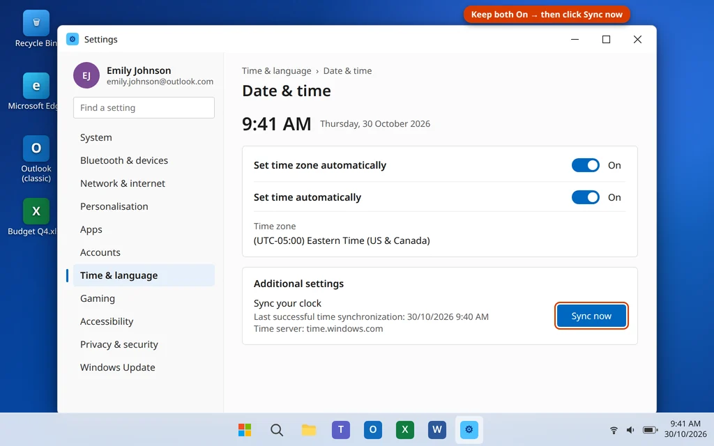 Date and time settings in Windows 11 with Set time automatically on and the Sync now button