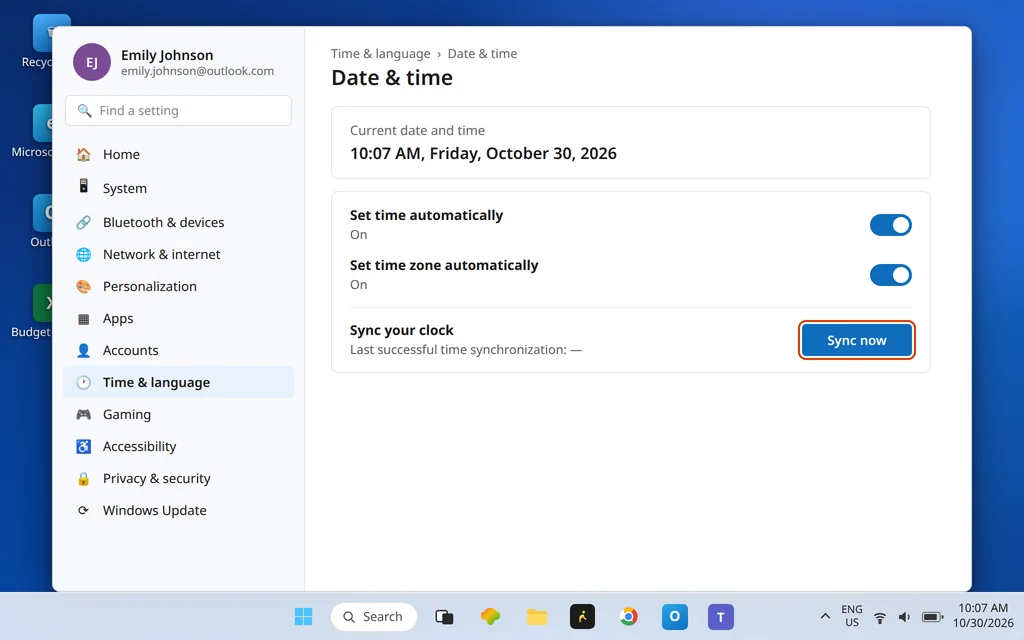 Windows Settings Date and time page with Set time automatically on and the Sync now button highlighted