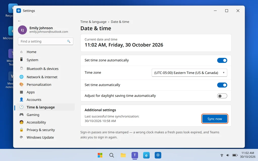 Date and time settings in Windows with automatic time on and Sync now highlighted