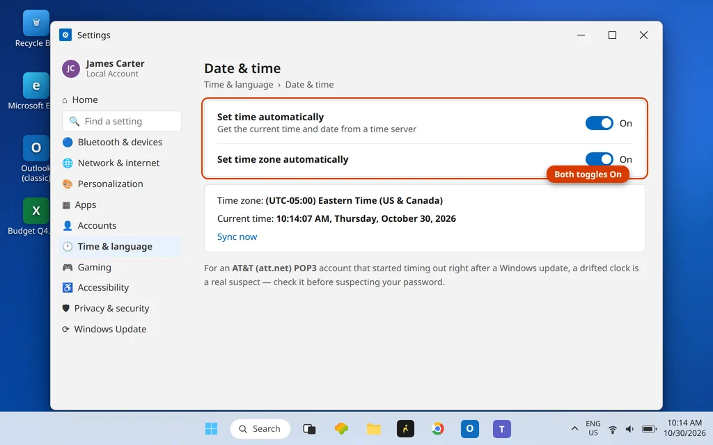 Windows 11 Settings Date and time page with Set time automatically switched on