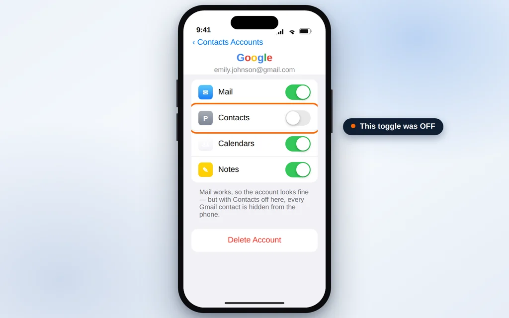 Gmail account settings on iPhone with the Contacts toggle that must be on for those contacts to appear