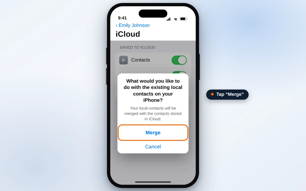 Merge prompt when turning iCloud Contacts back on so local contacts merge with iCloud