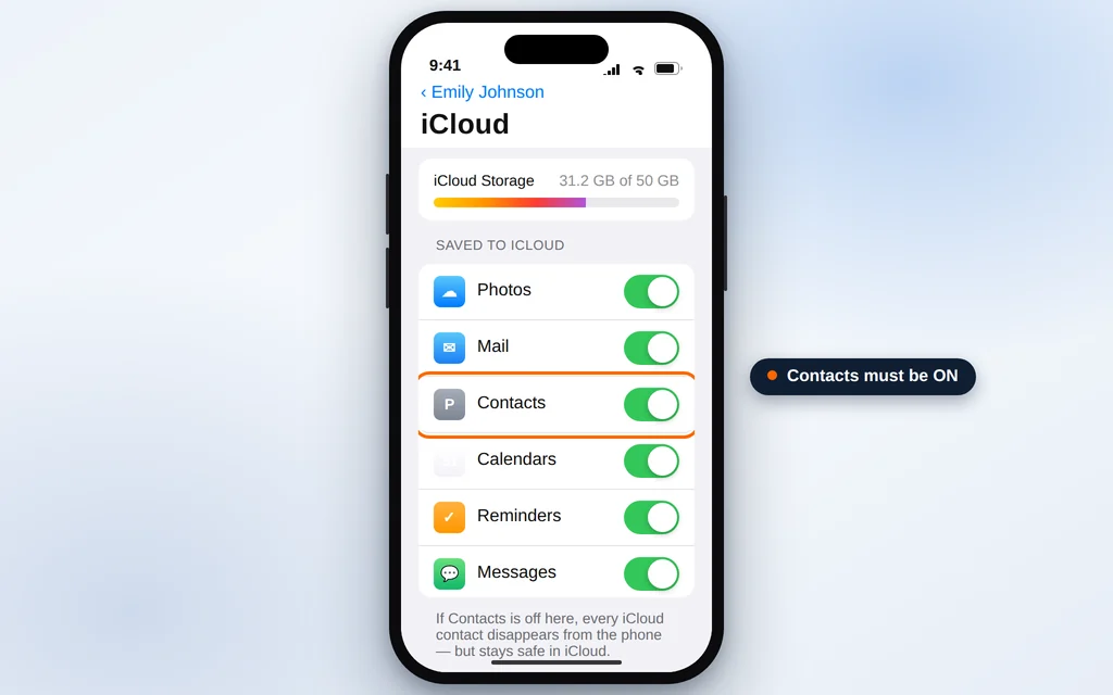 iCloud settings on iPhone showing the Contacts toggle switched on under Apps Using iCloud