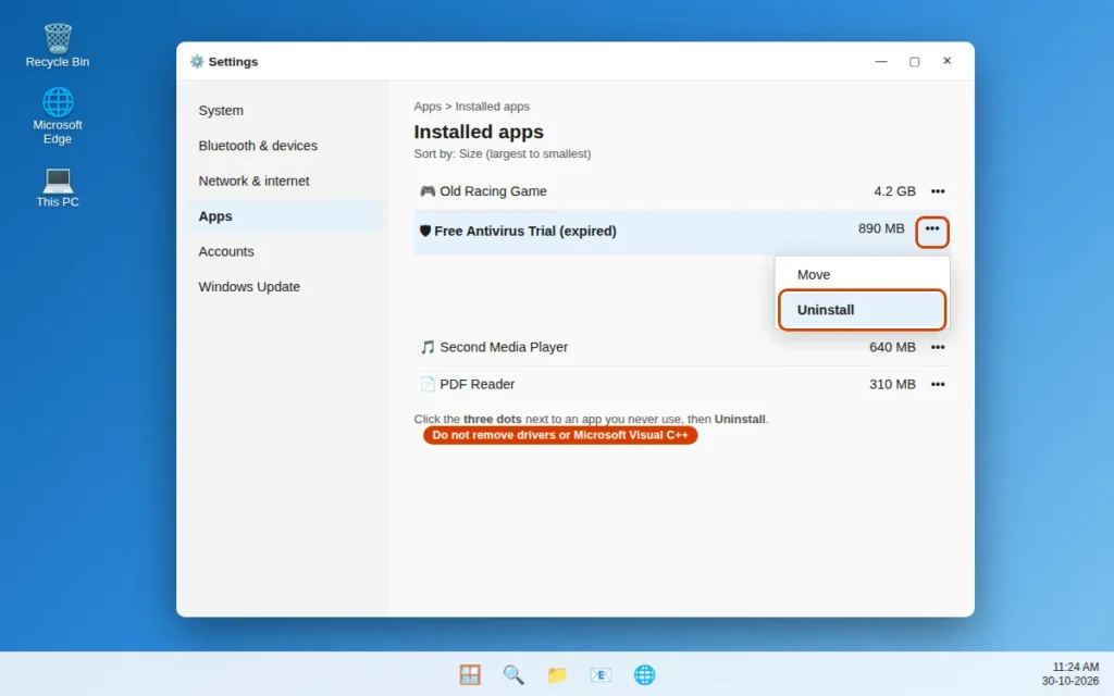 Uninstall unused apps and bloatware from Settings Apps Installed apps in Windows 11