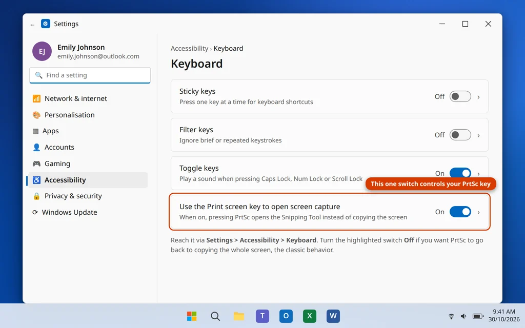 Settings Accessibility Keyboard page with Use the Print screen key to open screen capture toggle