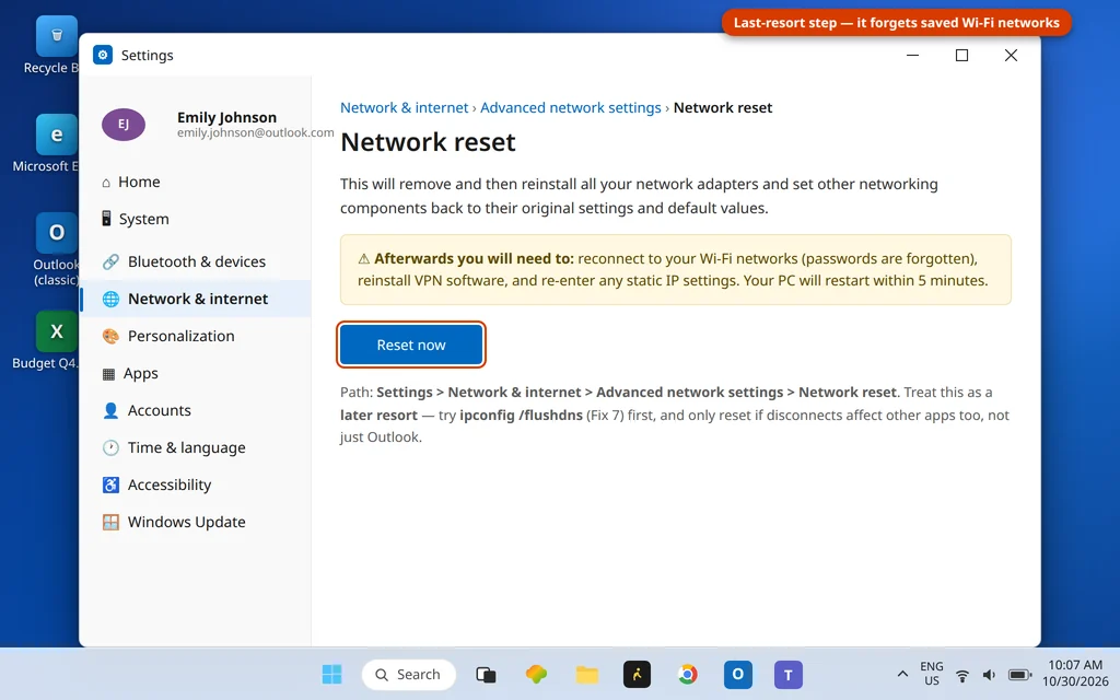 Windows 11 Network reset page in Settings with the Reset now button