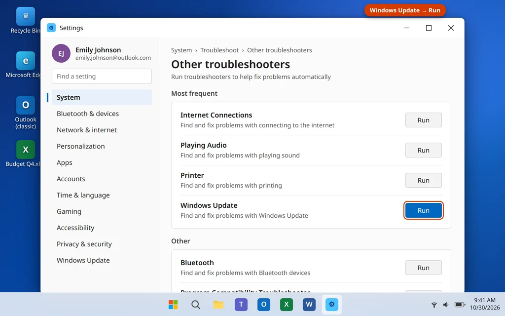 Windows Update entry with its Run button under Other troubleshooters in Windows 11 Settings