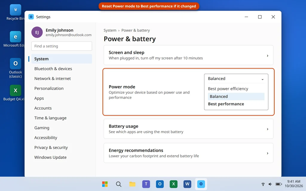 Power mode setting in Windows 11 Power and battery settings reset to Balanced after an update