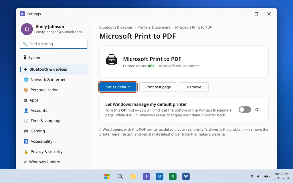 Microsoft Print to PDF printer page in Windows 11 Settings with Set as default button