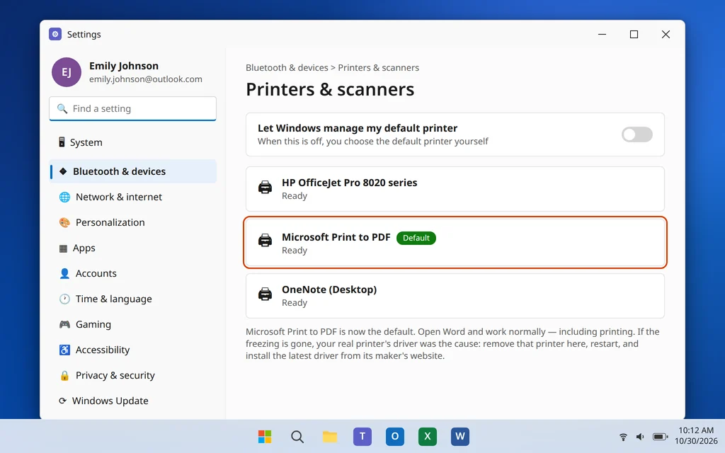Microsoft Print to PDF set as the default printer in Windows 11 Settings Printers and scanners