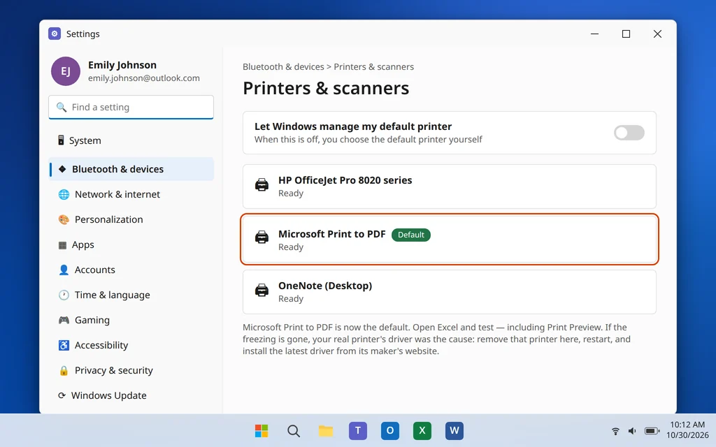 Microsoft Print to PDF set as the default printer in Windows 11 Settings Printers and scanners