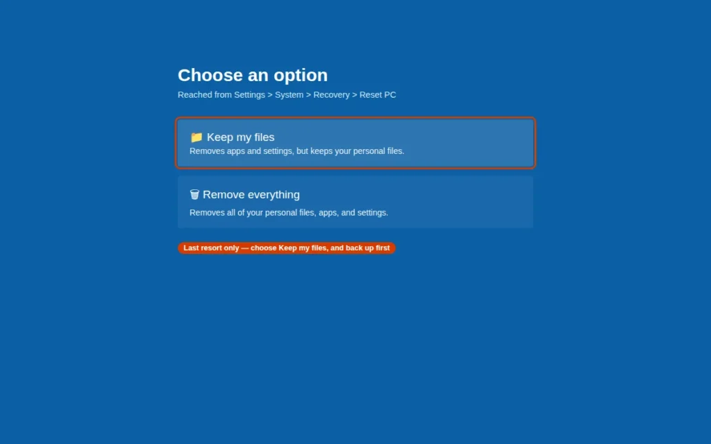 Reset PC Keep my files option in Windows 11 as a last resort for a slow PC