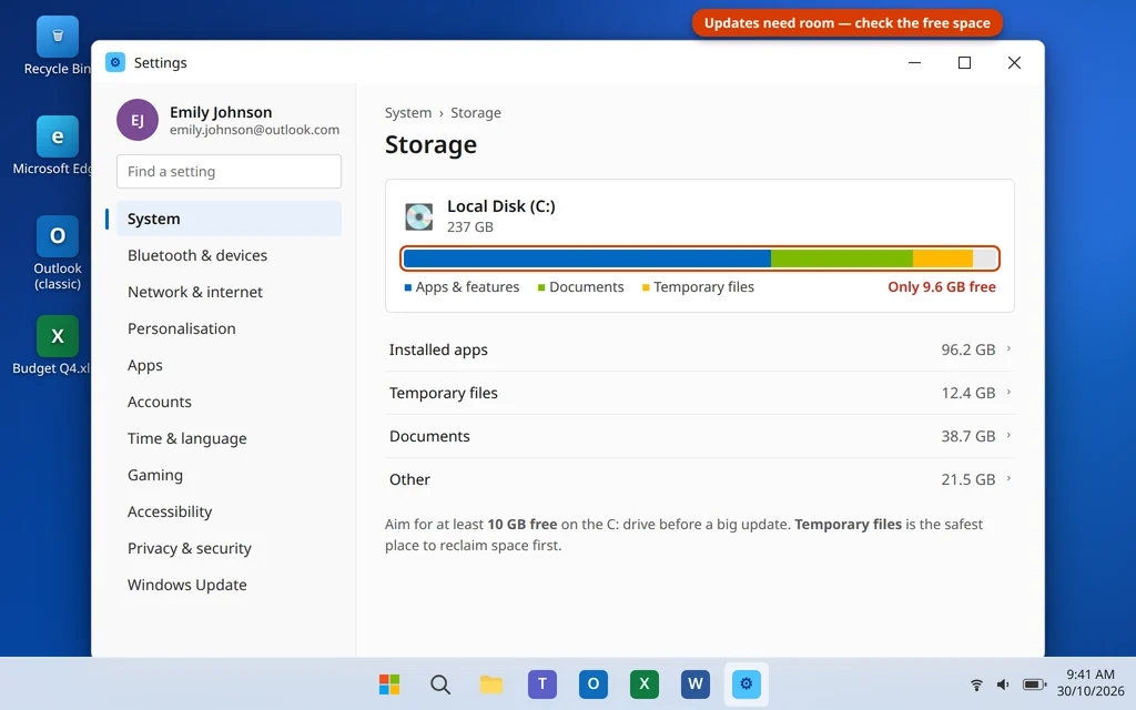 Storage settings in Windows 11 showing free space on the C drive