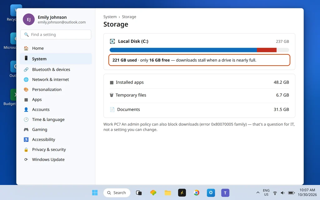 Windows Settings System Storage page showing free space on the Windows drive