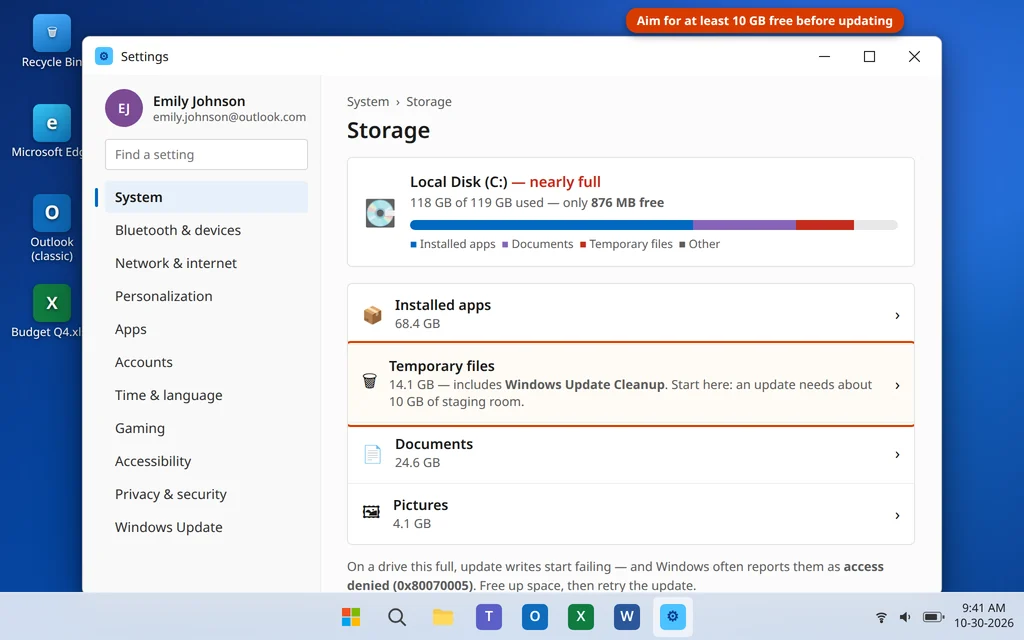 Storage settings on Windows 11 showing a nearly full C drive and the Temporary files cleanup