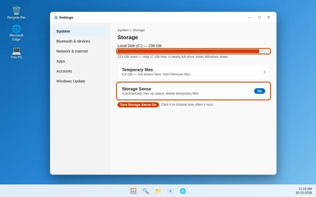 Free up disk space with Storage Sense and Temporary files in Windows 11 Storage settings