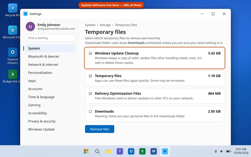 Temporary files in Windows 11 Storage settings showing Windows Update Cleanup ready to remove after an update
