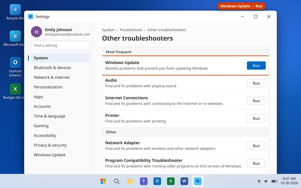 The Windows Update troubleshooter with its Run button in Other troubleshooters settings on Windows 11