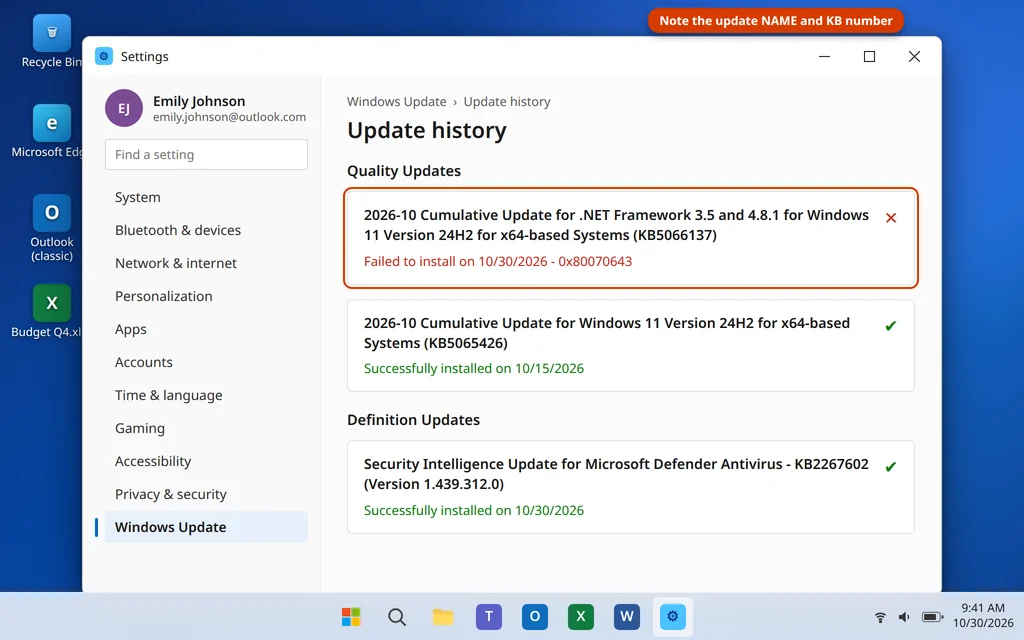 Update history in Windows 11 Settings showing a .NET Framework update failed to install with error 0x80070643