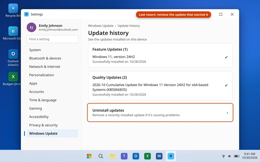 Update history in Windows 11 Settings with the Uninstall updates option for removing a bad update