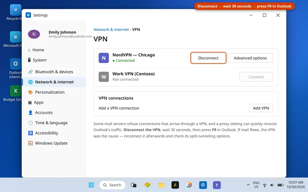 Windows 11 Settings VPN page with a connected VPN and the Disconnect button