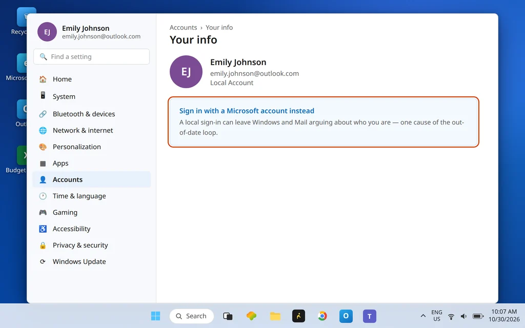Windows Settings Your info page showing Sign in with a Microsoft account instead