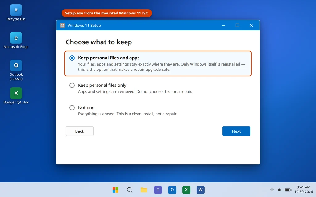 Windows 11 Setup Choose what to keep screen with Keep personal files and apps selected