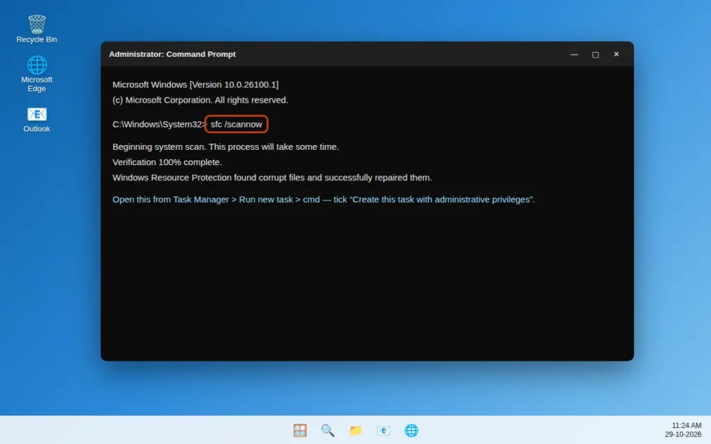 Running sfc /scannow in administrator Command Prompt to repair Windows 11 system files
