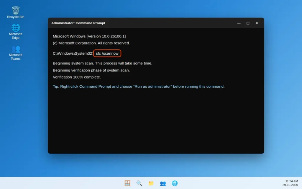Running sfc /scannow in Command Prompt as administrator