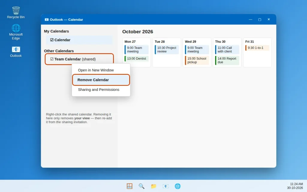 Shared calendar in the Outlook calendar list with Remove Calendar option highlighted