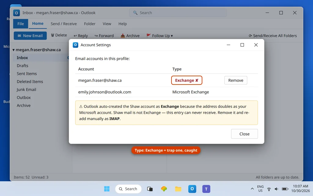 Outlook Account Settings list showing the Shaw account wrongly listed as an Exchange type instead of IMAP