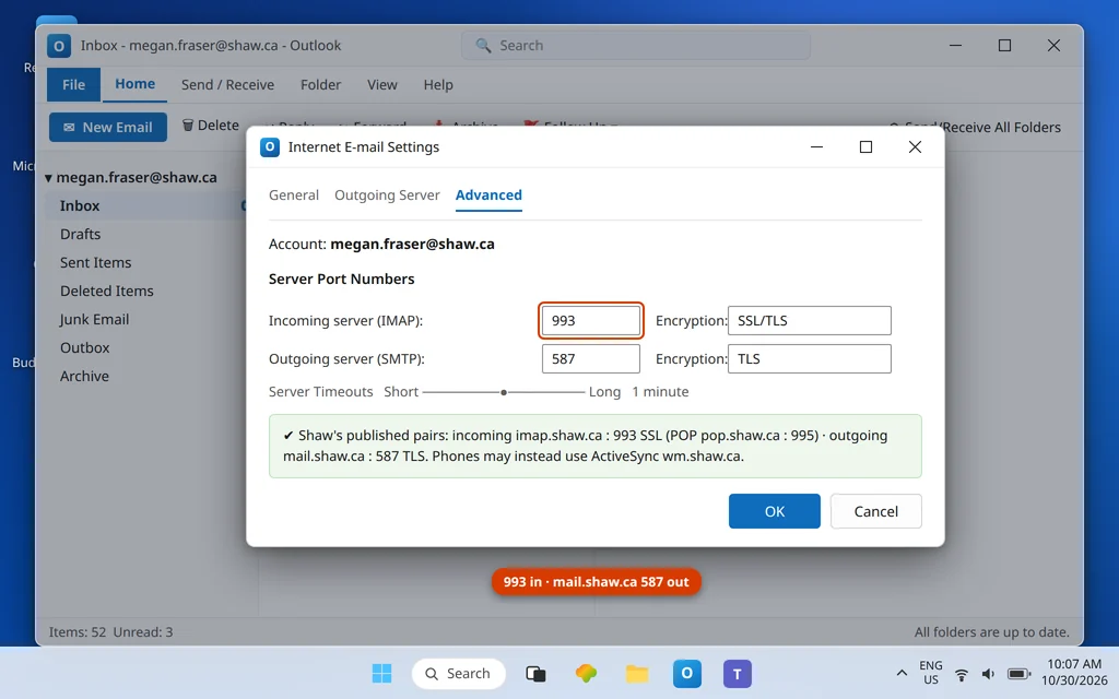 Outlook Advanced settings for Shaw email showing incoming port 993 SSL and outgoing mail.shaw.ca port 587 TLS