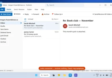 Classic Outlook showing the shaw.ca inbox with no new mail because the account was created as the wrong type
